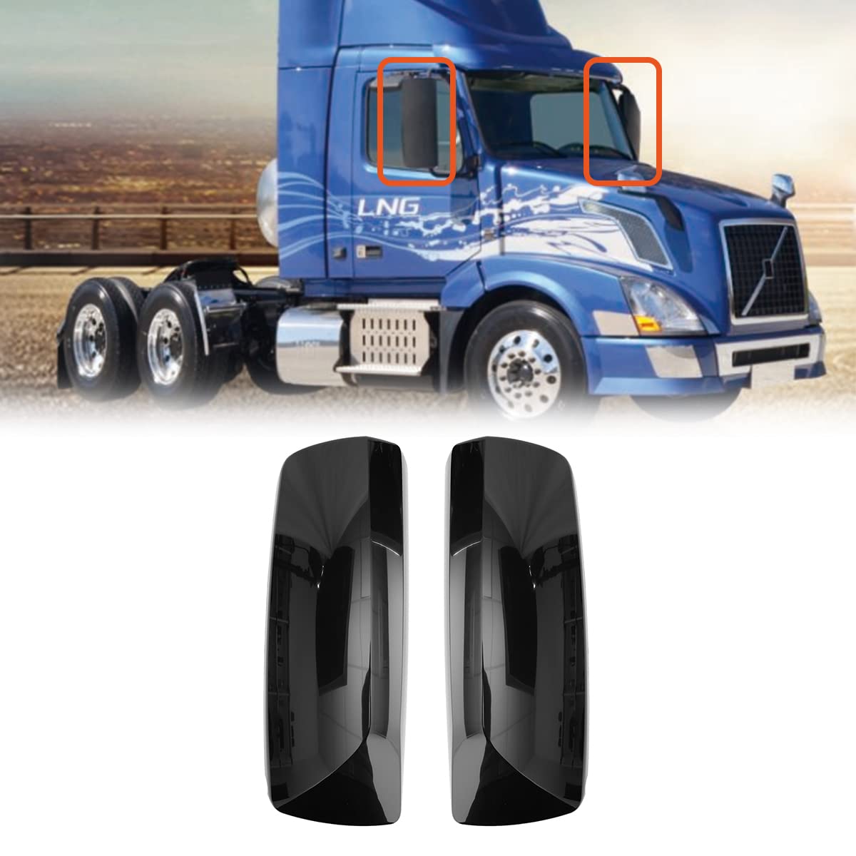 Volvo VNL Door Mirror Covers Pair (2004–2017) – Black - RoadWest Truck Parts - MZ-7204B-R&L - High Soar