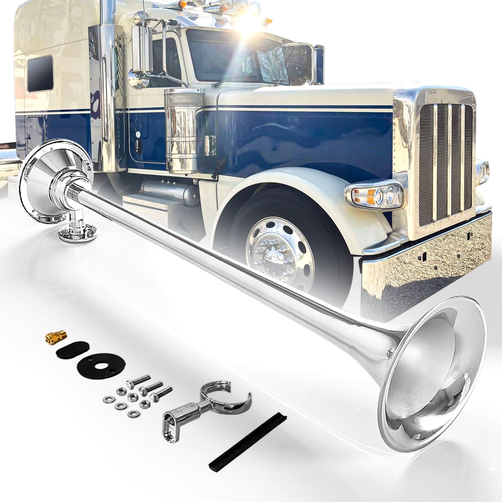 12V 150dB Single Trumpet Air Horn – Waterproof, Chrome Plated (25.1") (Universal) - RoadWest Truck Parts - B0B9H3KK3B - High Soar