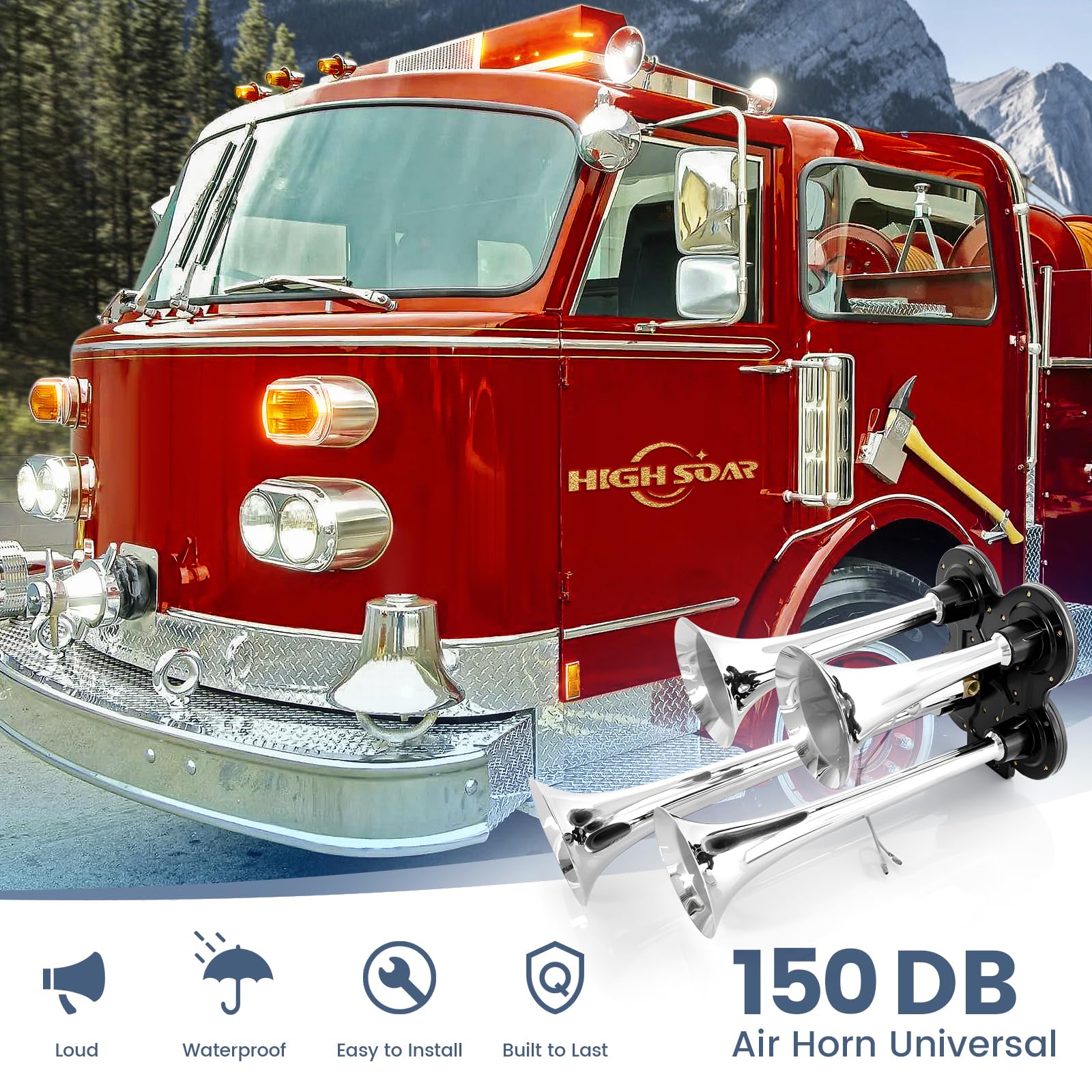 12V/24V 150dB 4 - Trumpet Train Air Horn Kit w/ Compressor (Universal) - RoadWest Truck Parts - YY-312-03E - High Soar