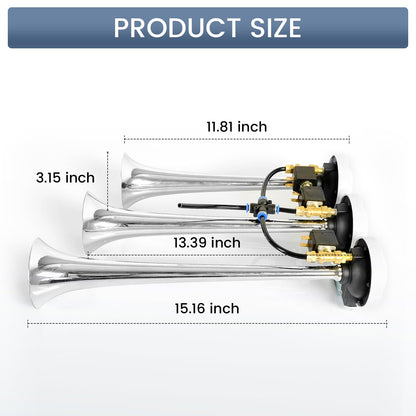 150dB 3 - Trumpet Air Horn Kit – 12V/24V (Universal Truck/Car/Boat) - RoadWest Truck Parts - B0B9H36PBD - High Soar