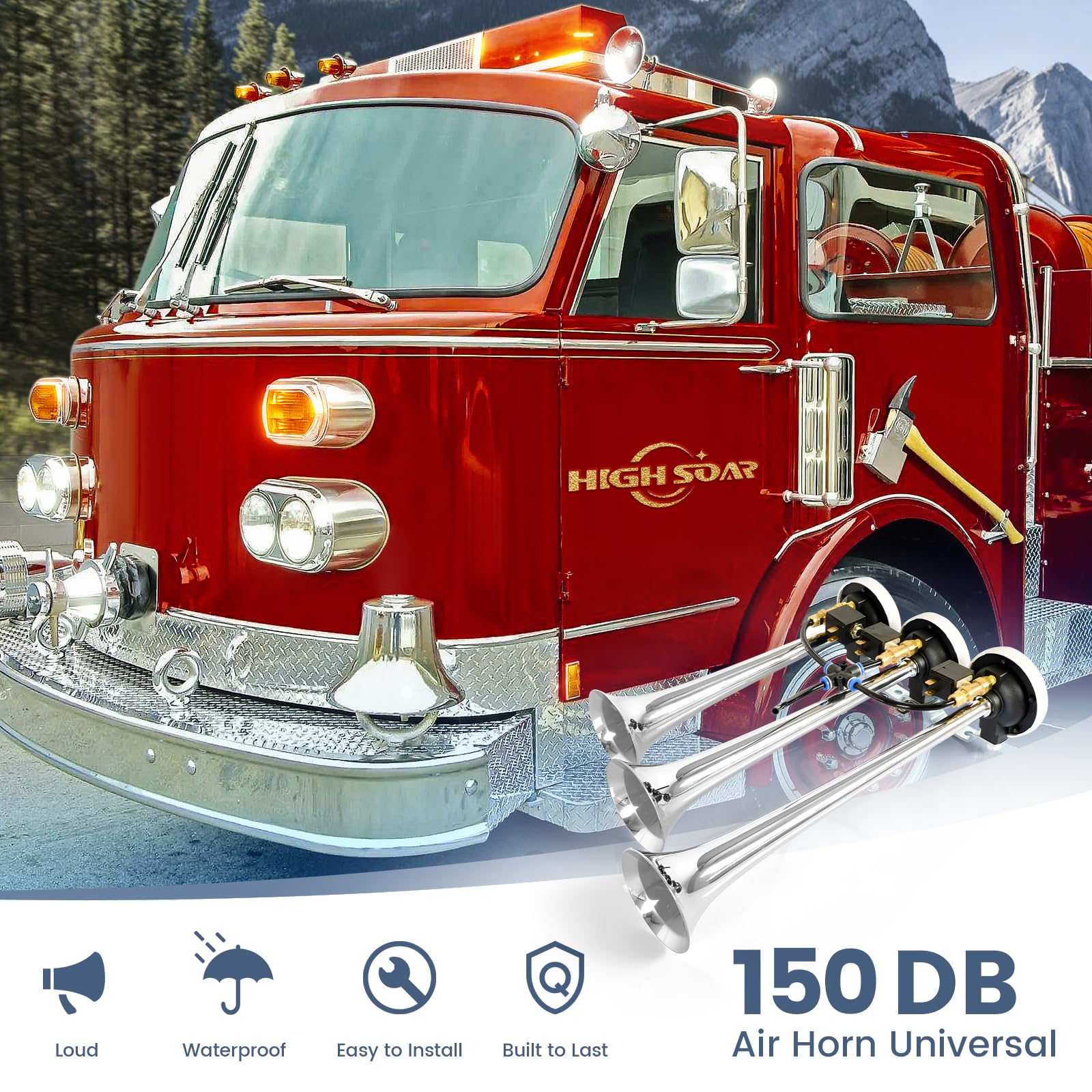 150dB 3 - Trumpet Air Horn Kit – 12V/24V (Universal Truck/Car/Boat) - RoadWest Truck Parts - B0B9H36PBD - High Soar