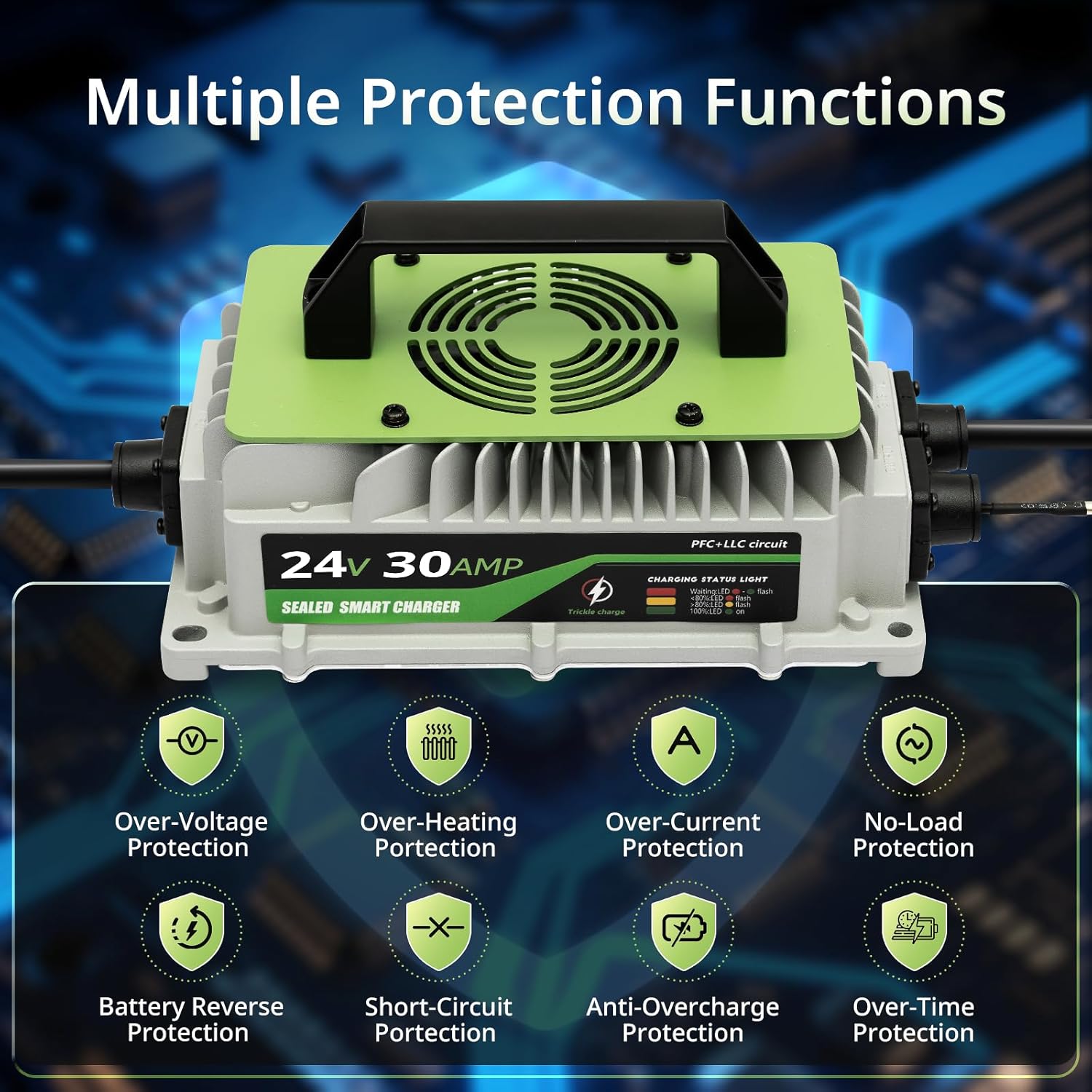 24V LiFePO4 Battery Charger 30A (1000W) – IP65 Waterproof w/ Fan & Alligator Clips - RoadWest Truck Parts - B0FSQ9RHSZ - High Soar