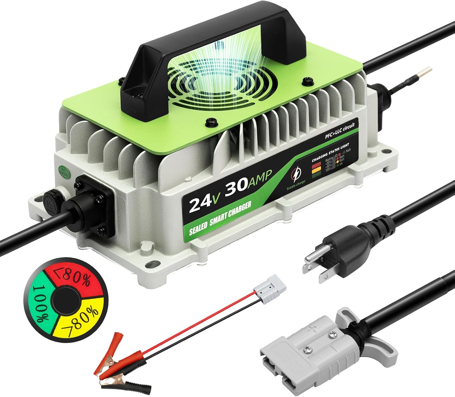 24V LiFePO4 Battery Charger 30A (1000W) – IP65 Waterproof w/ Fan & Alligator Clips - RoadWest Truck Parts - B0FSQ9RHSZ - High Soar