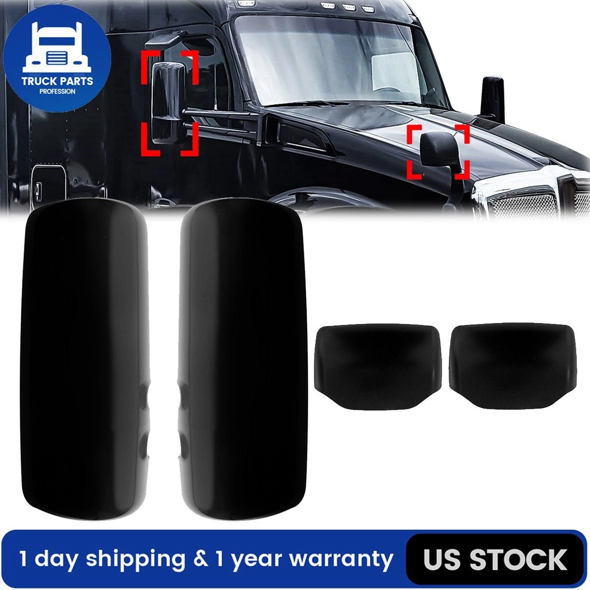 4PCS Black Door Mirror Cover & Hood Mirror Cover For Kenworth T680 T880 LH+RH