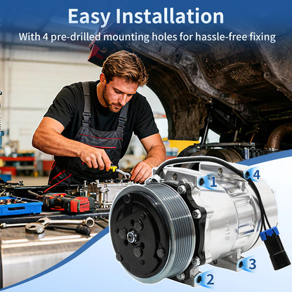 A/C Compressor with Clutch for Kenworth C500 K270 K370 T170 T270 T370 T400 W900 (2000-2015) SD7H15 12V R134a 8-Groove, Replaces CO-4759C