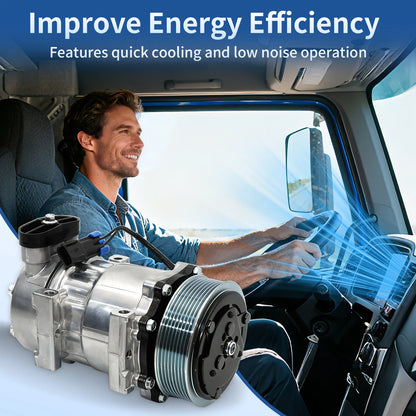 A/C Compressor with Clutch for Kenworth C500 K270 K370 T170 T270 T370 T400 W900 (2000-2015) SD7H15 12V R134a 8-Groove, Replaces CO-4759C