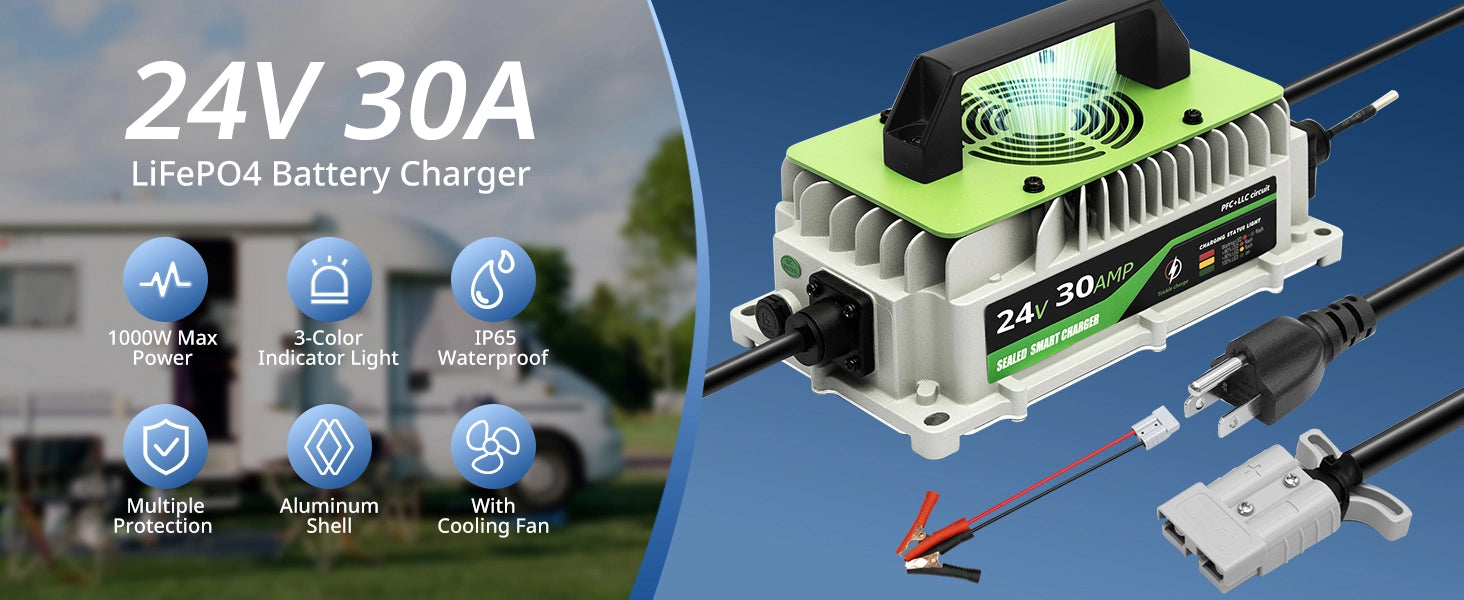 24V LiFePO4 Battery Charger 30A (1000W) – IP65 Waterproof w/ Fan & Alligator Clips
