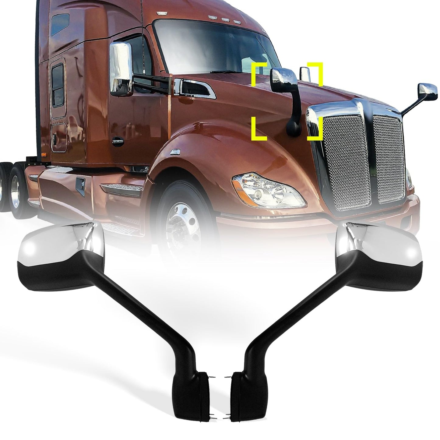 Peterbilt 579/587 Hood Mirror Pair w/ Arms (2010–2017) – Chrome, Convex (Driver & Passenger)