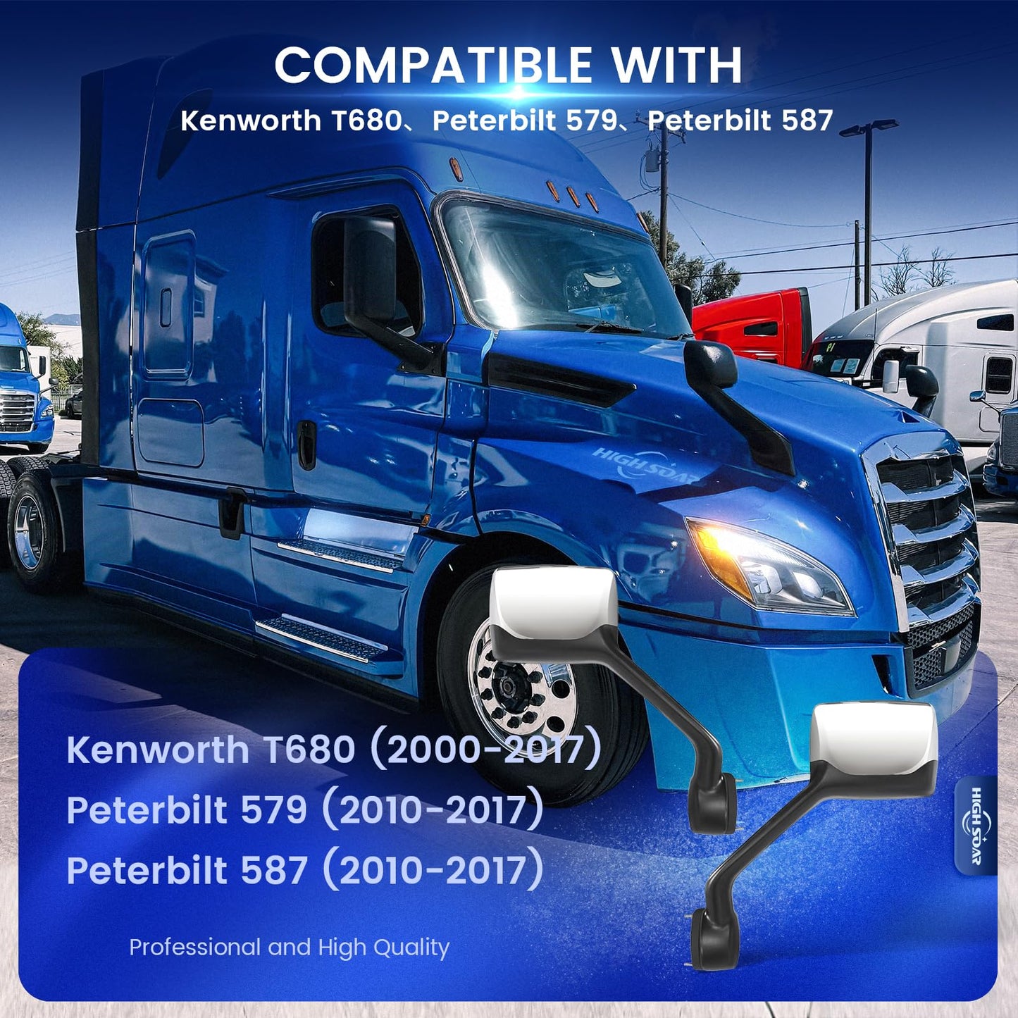 Peterbilt 579/587 Hood Mirror Pair w/ Arms (2010–2017) – Chrome, Convex (Driver & Passenger)