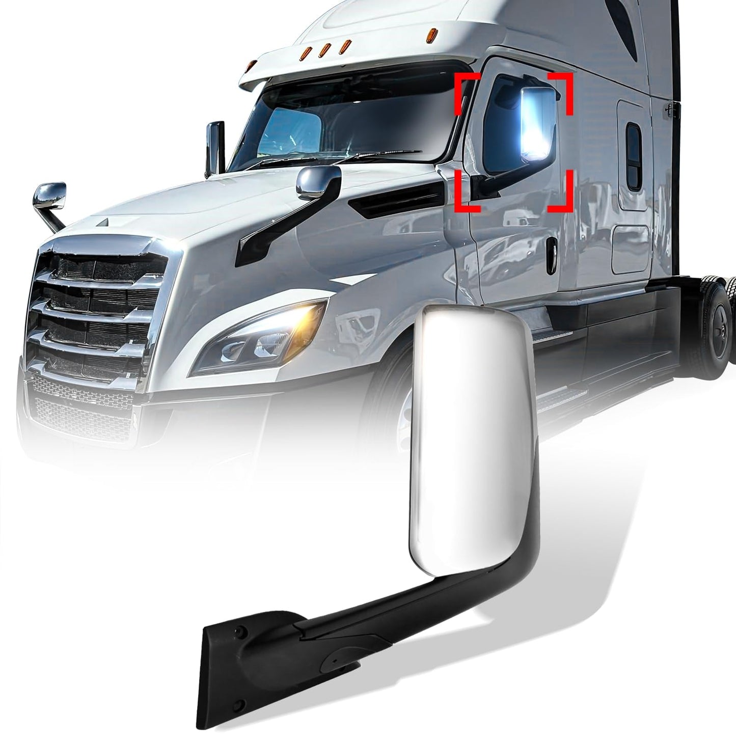 Black Heated Power Door Mirror for Freightliner Cascadia 2018+ - RoadWest Truck Parts - MZ-8601E-L - High Soar
