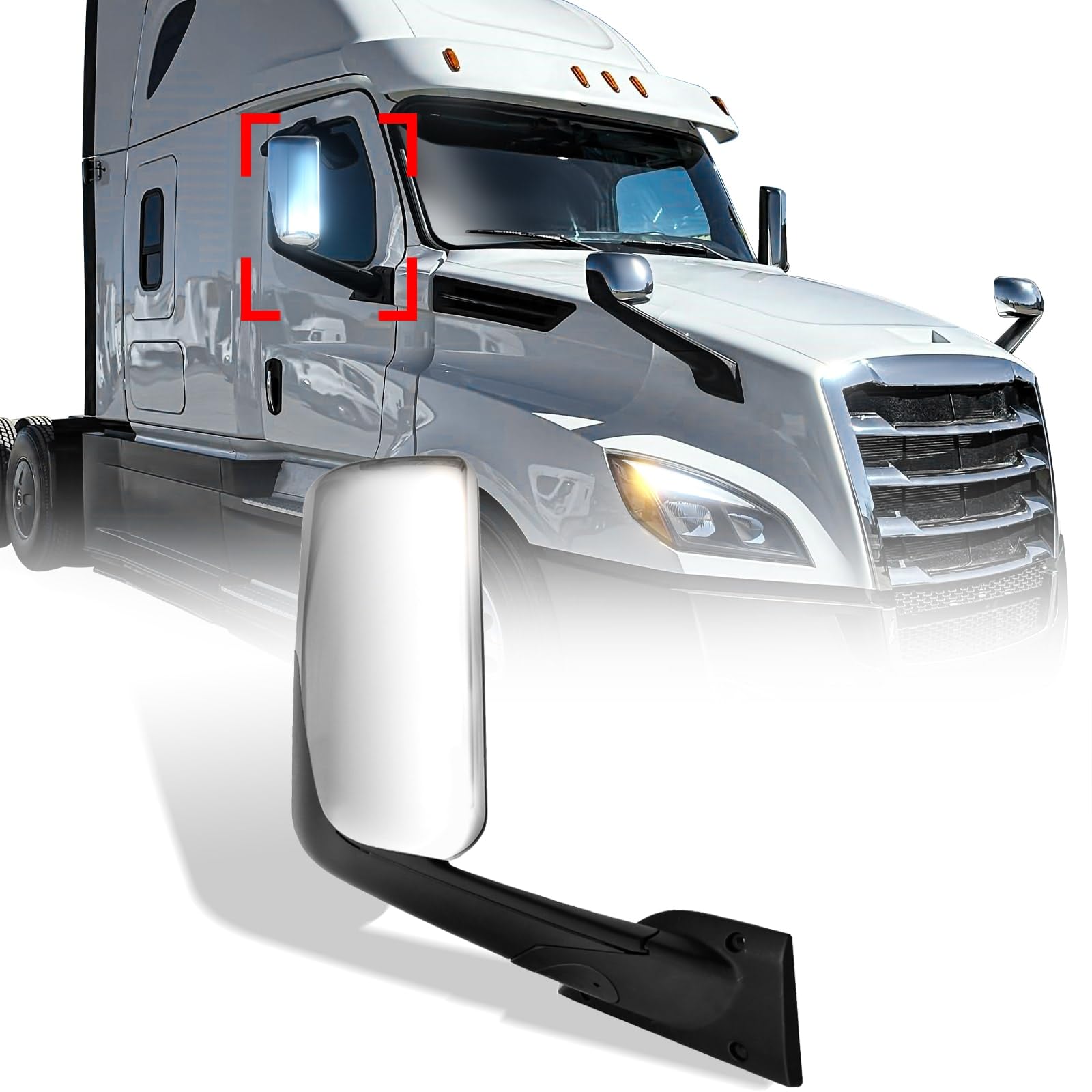Black Heated Power Door Mirror for Freightliner Cascadia 2018+ - RoadWest Truck Parts - MZ-8601E-R - High Soar
