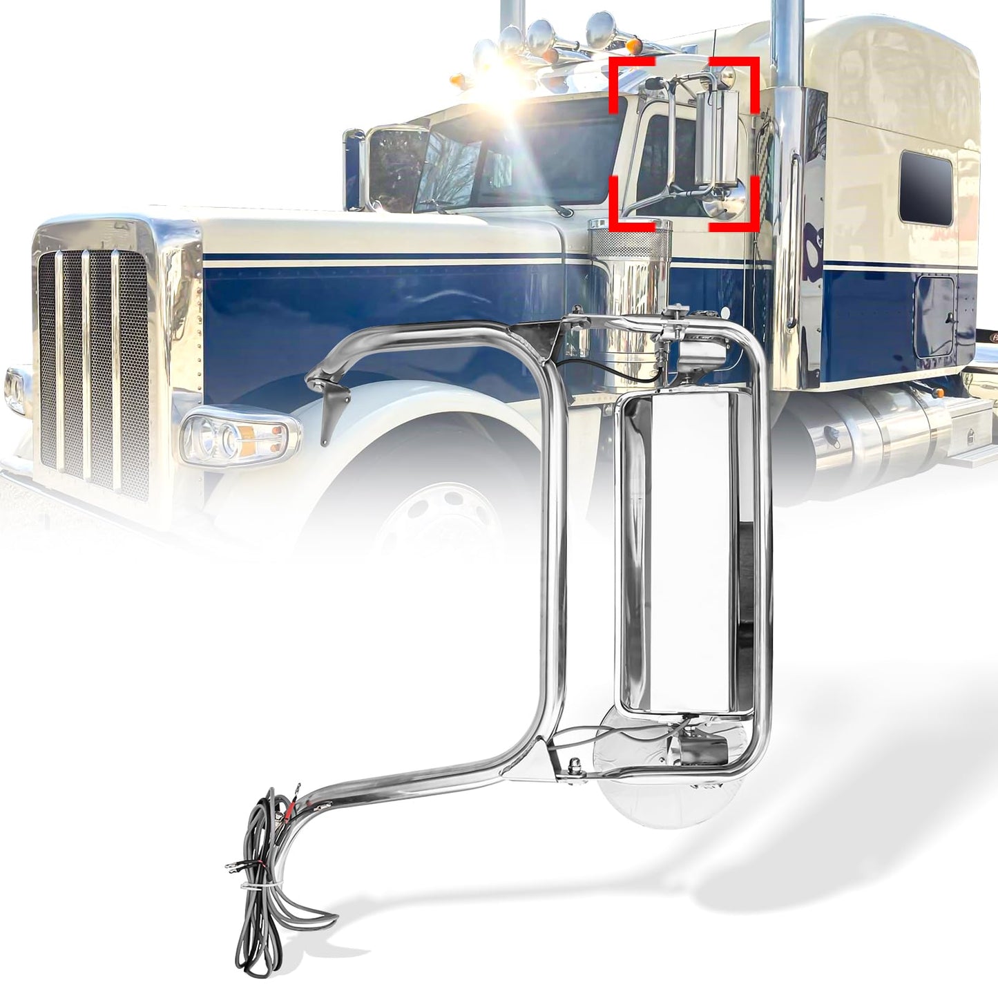 Chrome Heated Door Mirror Assembly for Peterbilt 325 - 389 Trucks - RoadWest Truck Parts - MZ-3801-L - High Soar
