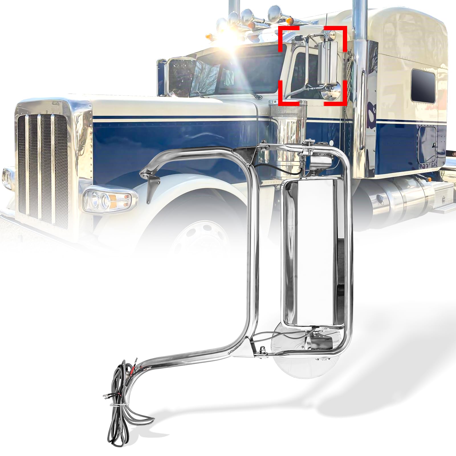Chrome Heated Door Mirror Assembly for Peterbilt 325 - 389 Trucks - RoadWest Truck Parts - MZ-3801-L - High Soar