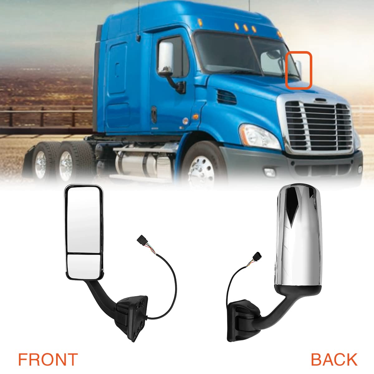 Freightliner Cascadia Door Mirror – Chrome (2008–2016) (RH Passenger) - RoadWest Truck Parts - MZ-8701B-R - High Soar