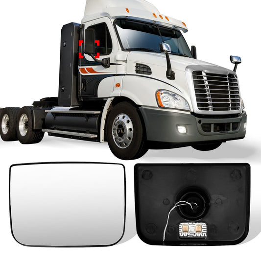 Freightliner Cascadia heated mirror glass with small convex wide-angle lens, designed for 2007-2018 truck side mirrors by ROADWEST.