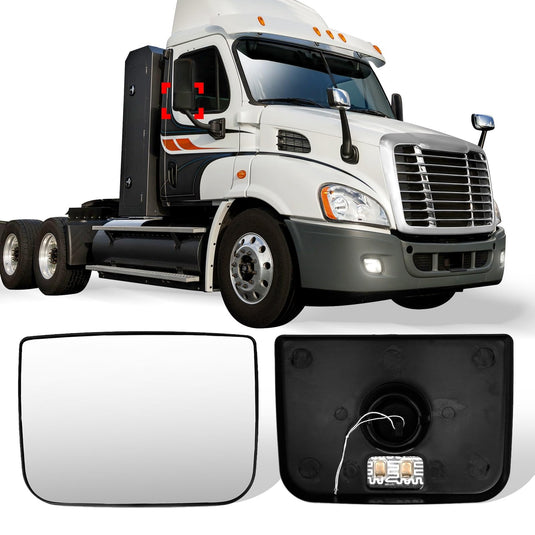 Freightliner Cascadia heated mirror glass with small convex wide-angle lens, designed for 2007-2018 truck side mirrors by ROADWEST.