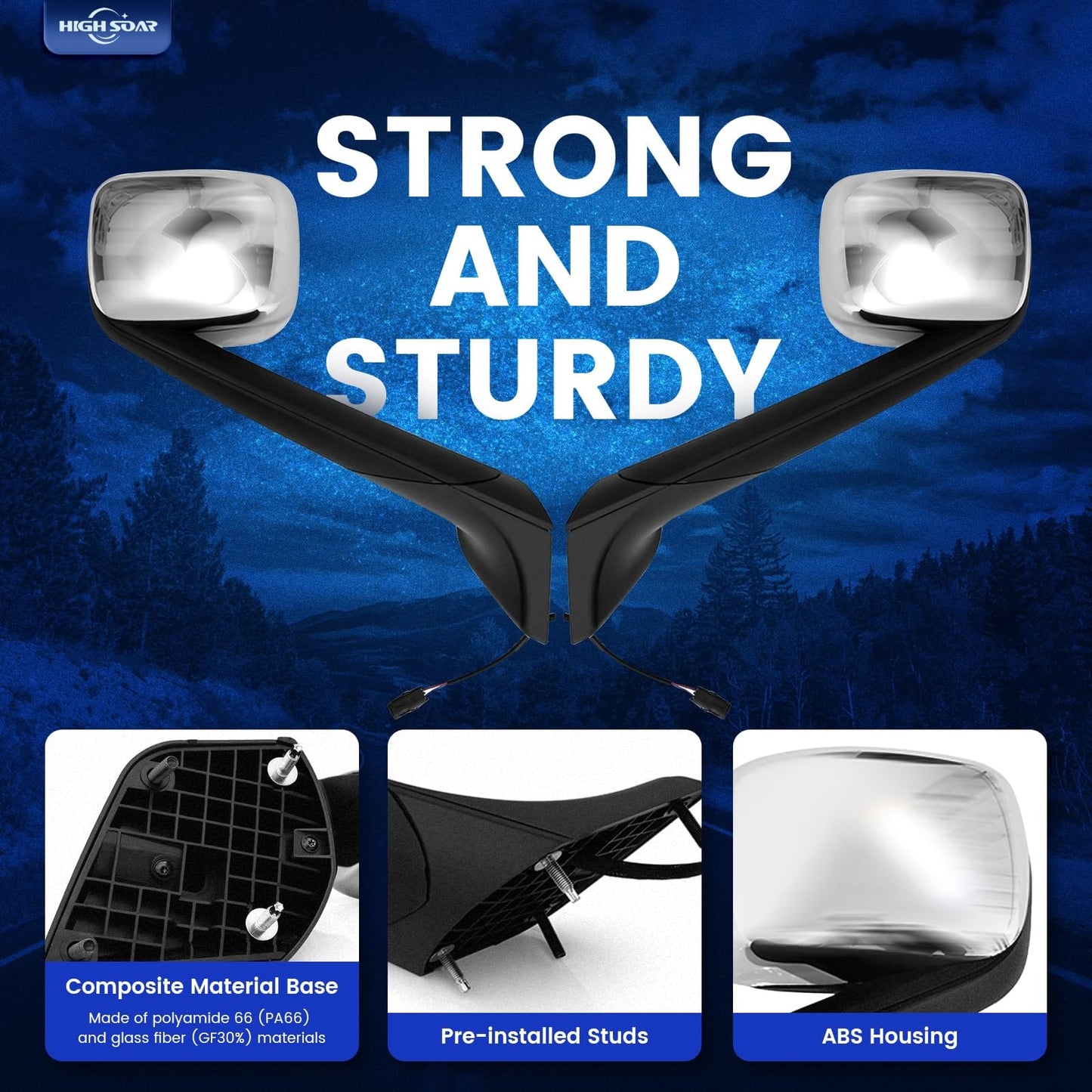 Freightliner Cascadia Hood Mirrors Pair – Heated, Chrome (2018–2020) - RoadWest Truck Parts - B09WTTHXMH - High Soar