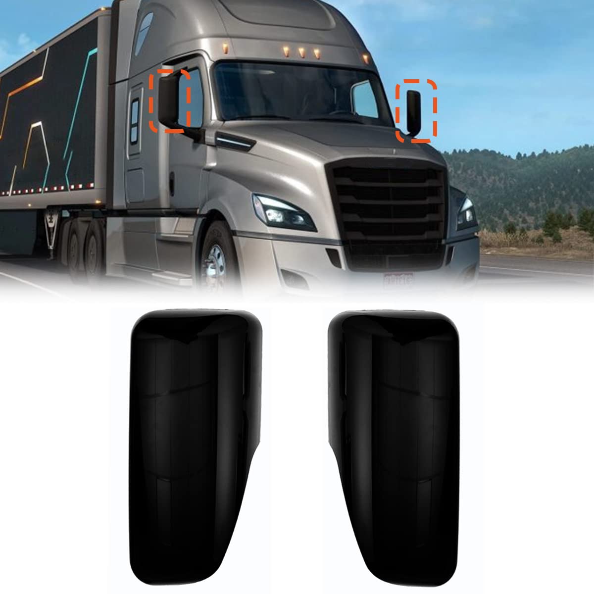 Freightliner Cascadia Mirror Covers Pair – Black (2018–2021) - RoadWest Truck Parts - MZ-8604B-L&RA - High Soar