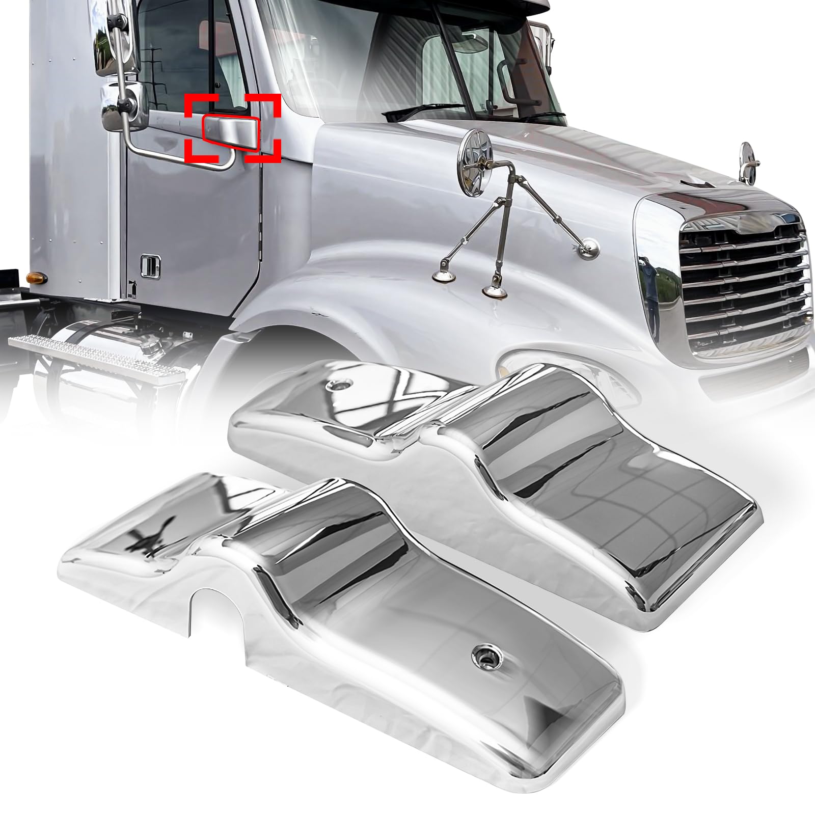 Freightliner Columbia/Century Door Mirror Cover + Arm Housing Pair – Chrome / Black (LH+RH) - RoadWest Truck Parts - B0B8GPCMWC - High Soar