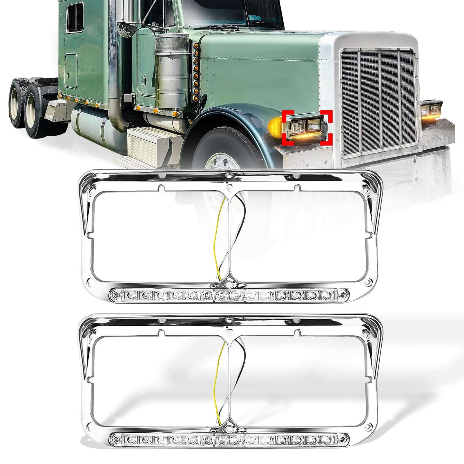 Freightliner FLD Classic XL 4×6 Headlight Bezel w/ 12" LED Amber Strip - RoadWest Truck Parts - B09MFKLYVS - High Soar