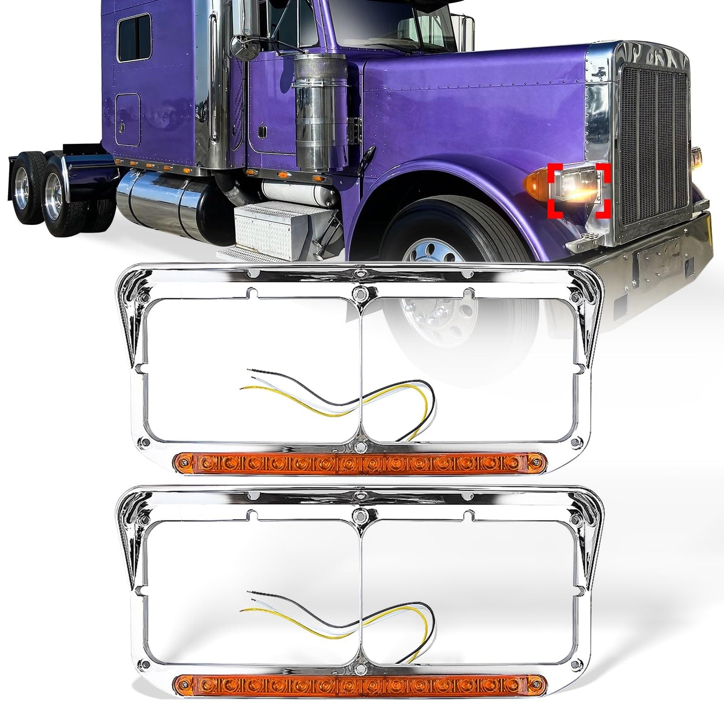 Freightliner FLD Classic XL 4×6 Headlight Bezel w/ 12" LED Amber Strip - RoadWest Truck Parts - B09ST61BY5 - High Soar