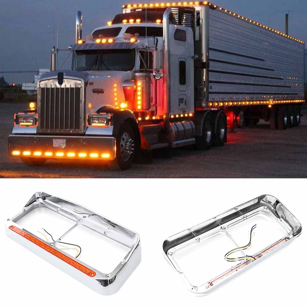 Freightliner FLD Classic XL 4×6 Headlight Bezel w/ 12" LED Amber Strip - RoadWest Truck Parts - MZ-6657WW - High Soar