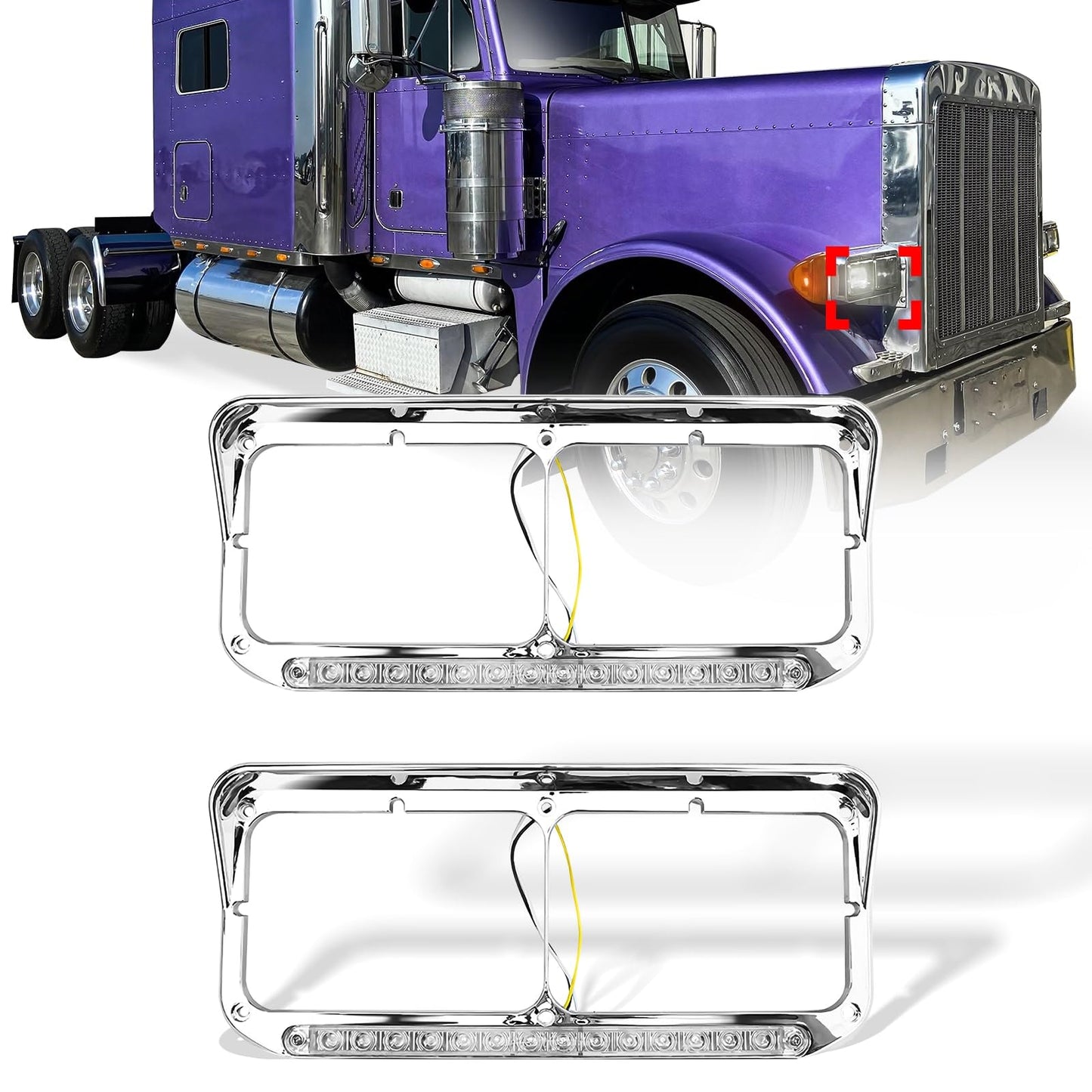 Freightliner FLD Classic XL 4×6 Headlight Bezel w/ 12" LED Amber Strip - RoadWest Truck Parts - MZ-6657WW - High Soar