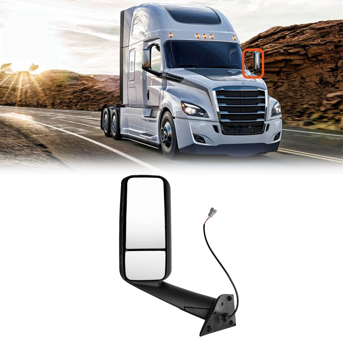 Freightliner New Cascadia Chrome/Heated Hood Mirrors Pair – Convex, Black (2018–2023) (Driver & Passenger) - RoadWest Truck Parts - B0D3GH1RJQ - High Soar