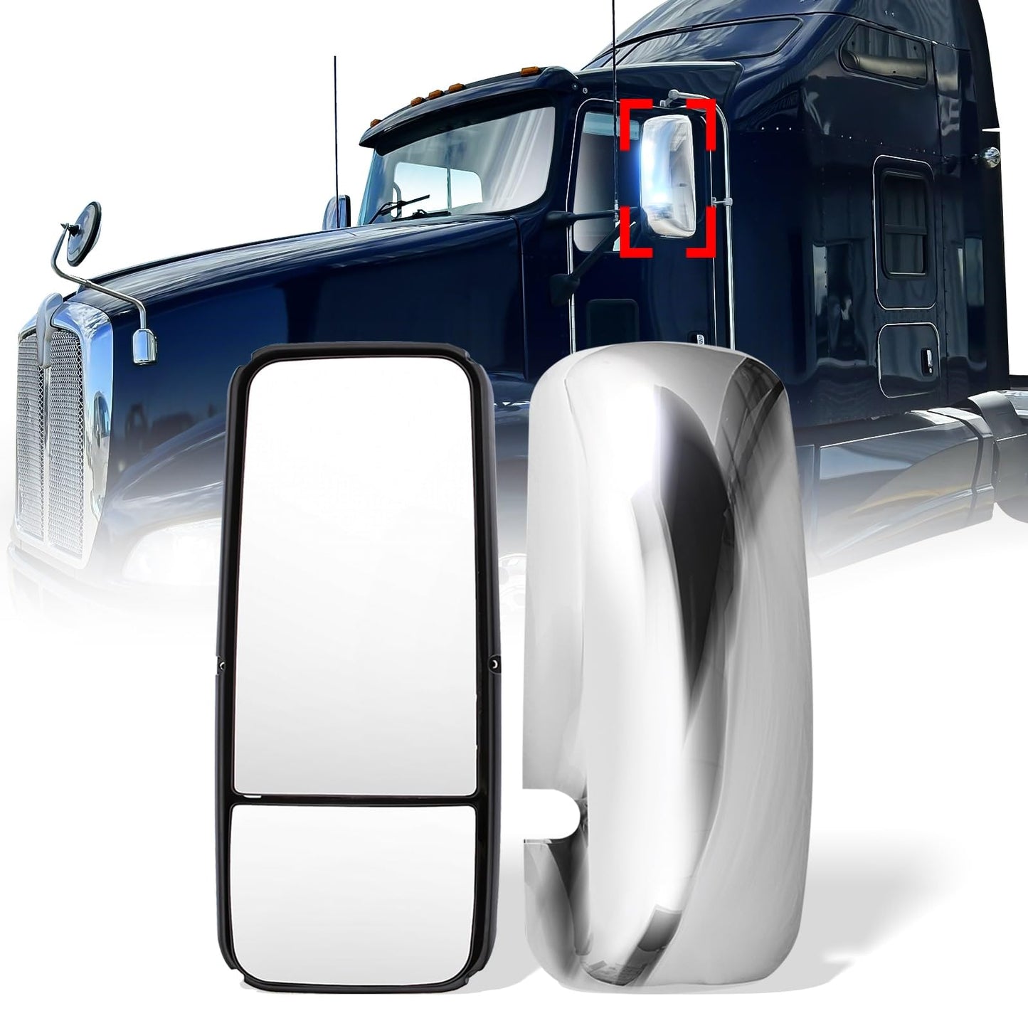 Kenworth T170–T800 Door Mirror – Heated, Black/Chrome - RoadWest Truck Parts - B09LL9DJXQ - High Soar