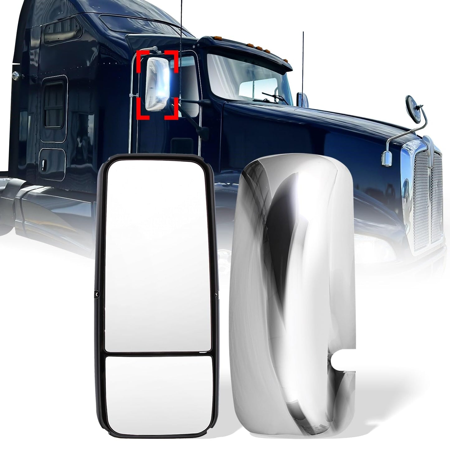 Kenworth T170–T800 Door Mirror – Heated, Black/Chrome - RoadWest Truck Parts - B09LQGDMFG - High Soar