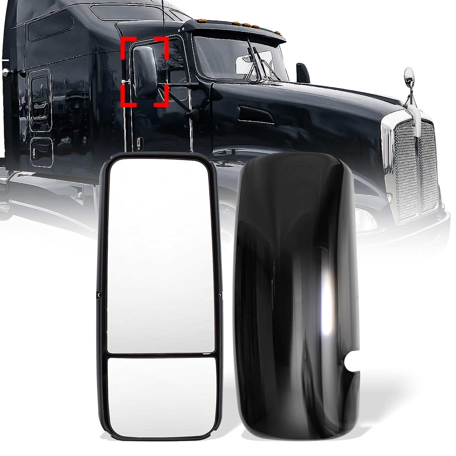 Kenworth T170–T800 Door Mirror – Heated, Black/Chrome - RoadWest Truck Parts - B09SNW2W8T - High Soar