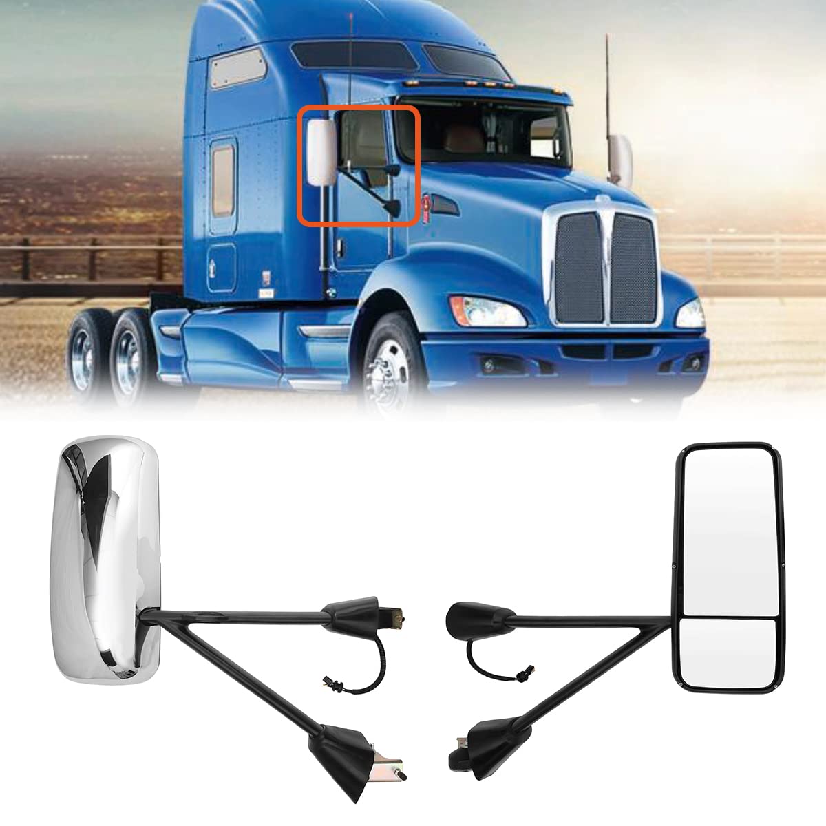 Kenworth T170–T800 Door Mirror – Power Heated, Chrome/Black - RoadWest Truck Parts - B08S76L2S9 - High Soar
