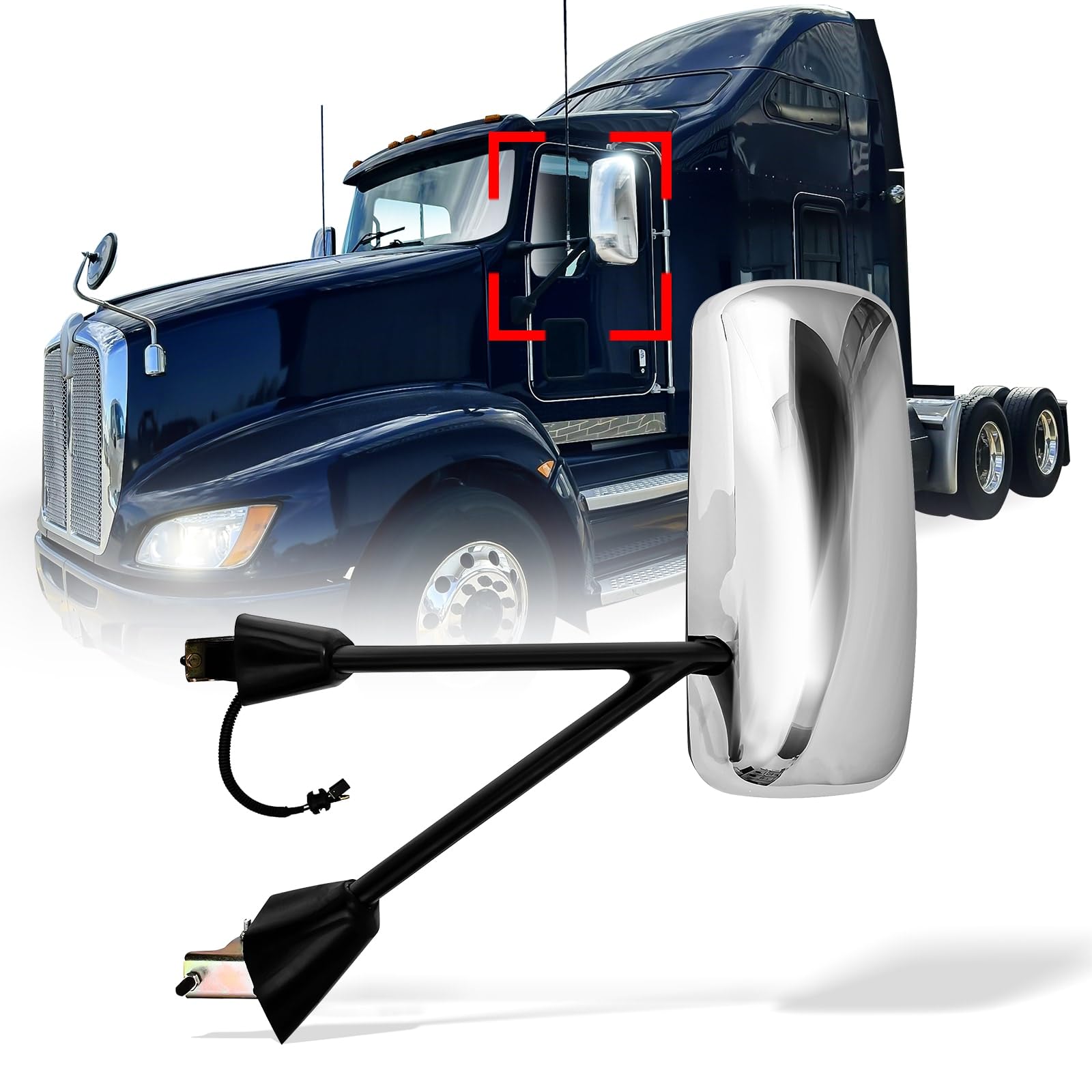 Kenworth T170–T800 Door Mirror – Power Heated, Chrome/Black - RoadWest Truck Parts - B08S76L2S9 - High Soar