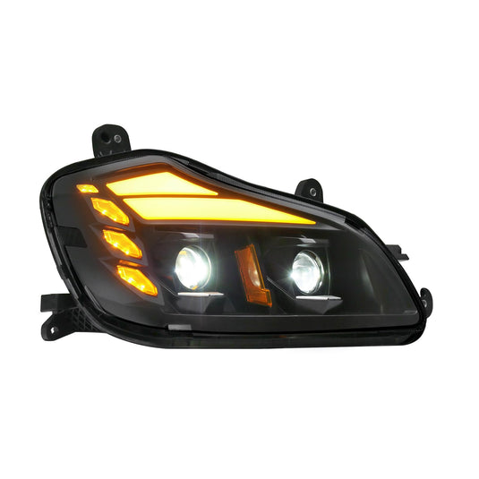 Kenworth T600 LED projector headlight assembly by ROADWEST, DOT/SAE approved for trucks (2013–2021), with clear lens and LED bulbs