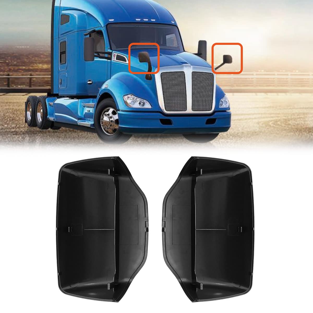 Peterbilt 579/587 Hood Mirror Covers Pair (2010–2021) – Chrome / Black - RoadWest Truck Parts - MZ-6819-04B-LR - High Soar