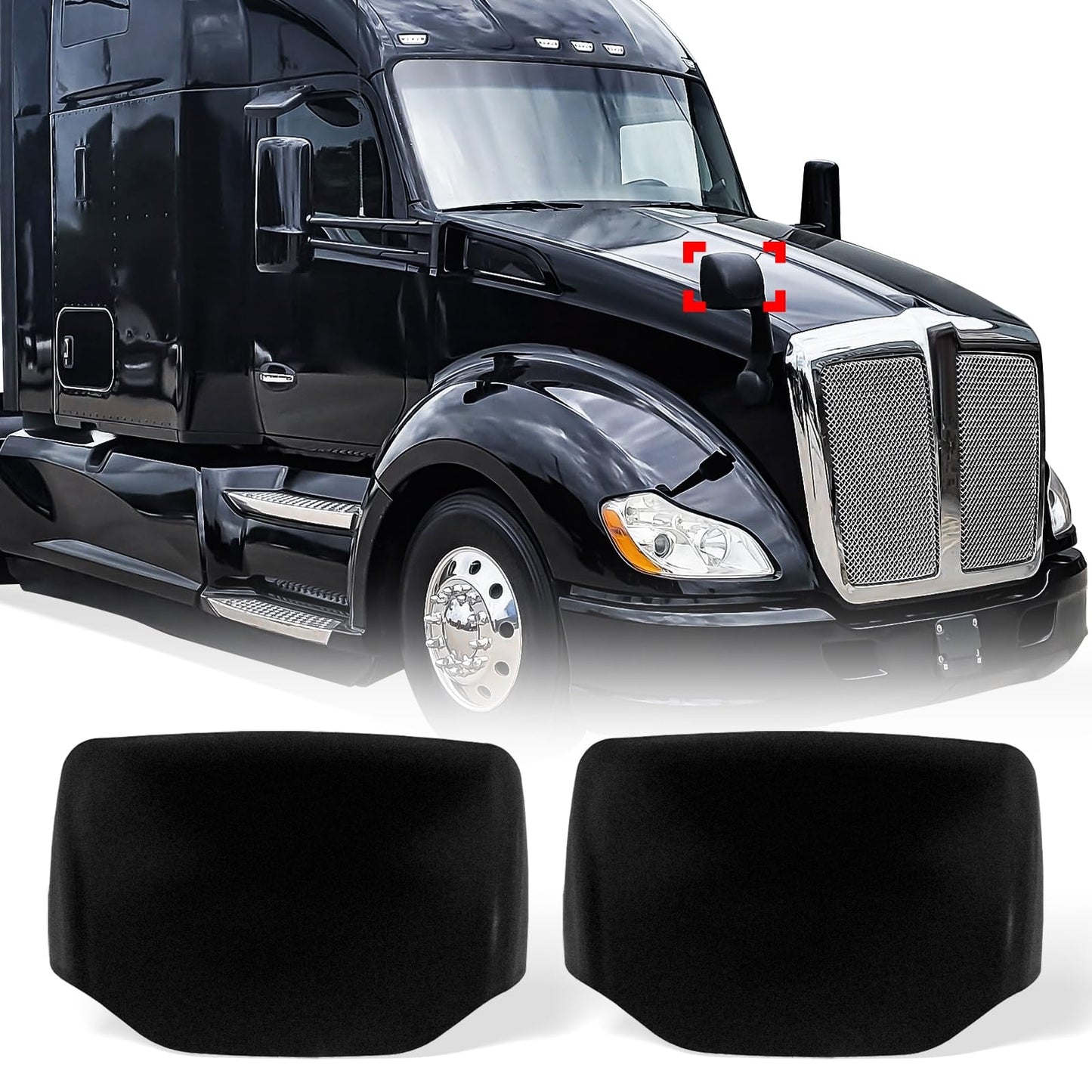 Peterbilt 579/587 Hood Mirror Covers Pair (2010–2021) – Chrome / Black - RoadWest Truck Parts - MZ-6819-04B-LR - High Soar