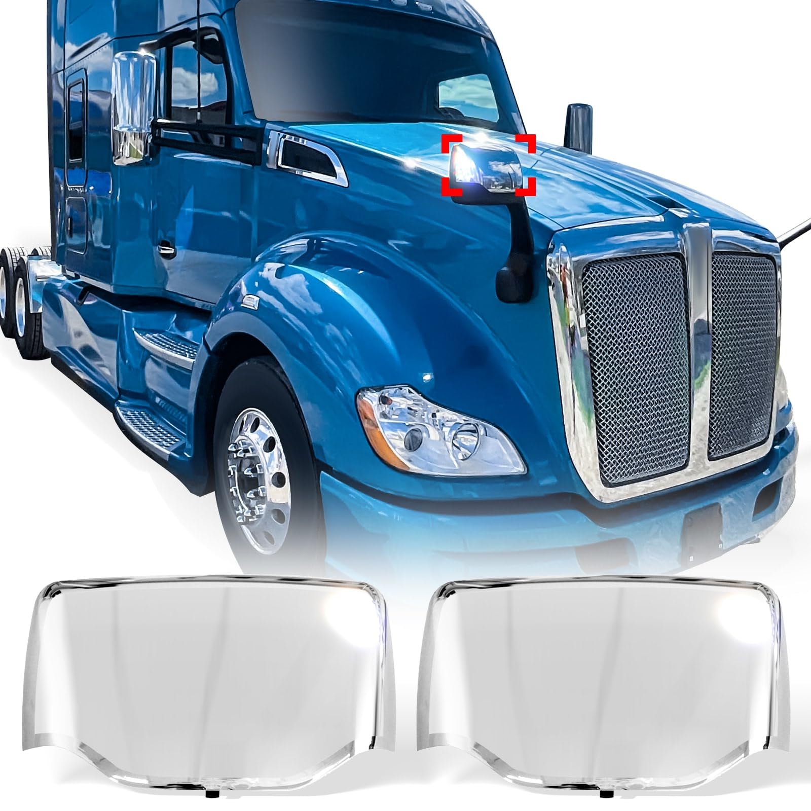Peterbilt 579/587 Hood Mirror Covers Pair (2010–2021) – Chrome / Black - RoadWest Truck Parts - MZ-6819-04E-LR - High Soar