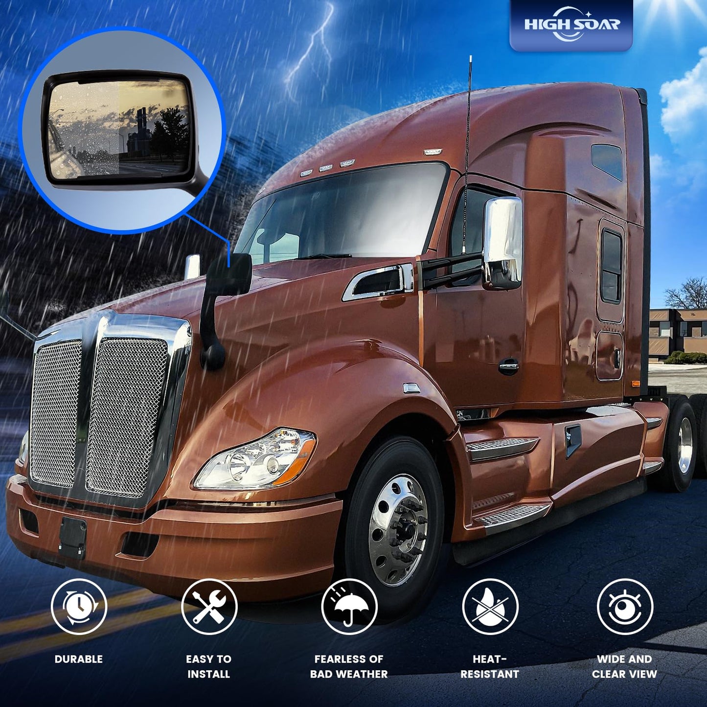 Peterbilt 579/587 Hood Mirror w/ Arm – Black (2010–2017) - RoadWest Truck Parts - B09H5KWVJ5 - High Soar