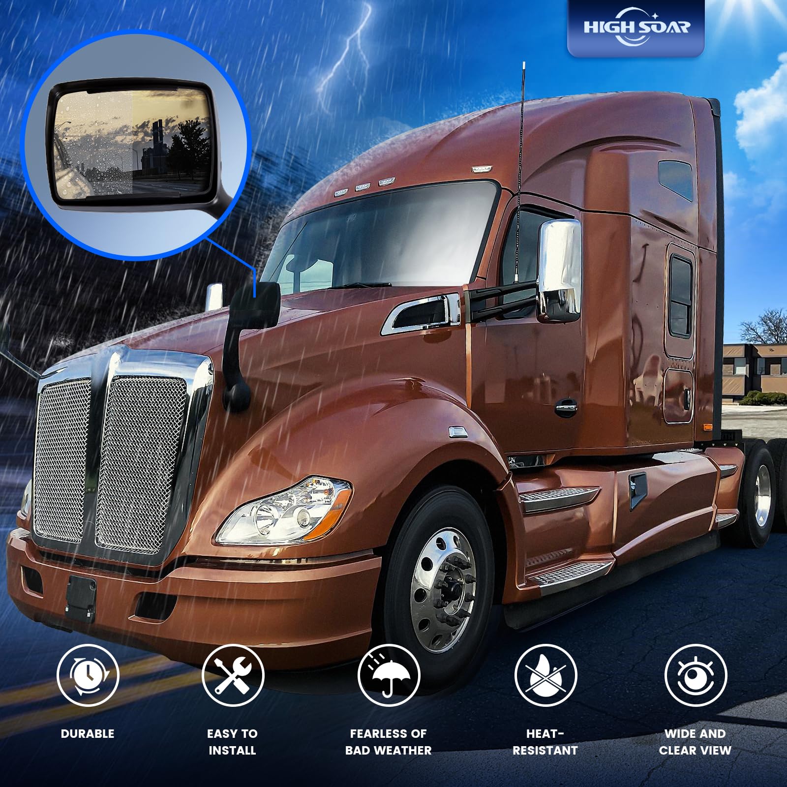 Peterbilt 579/587 Hood Mirror w/ Arm – Black (2010–2017) - RoadWest Truck Parts - B09H5KWVJ5 - High Soar