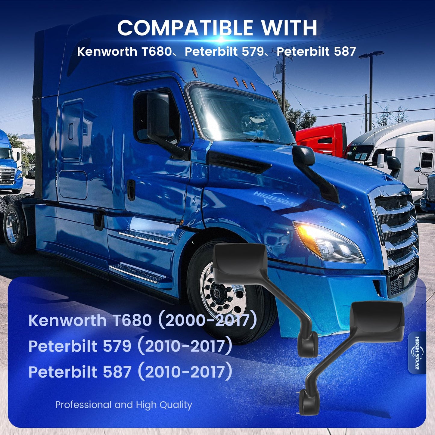 Peterbilt 579/587 Hood Mirror w/ Arm – Black (2010–2017) - RoadWest Truck Parts - B09H5KWVJ5 - High Soar