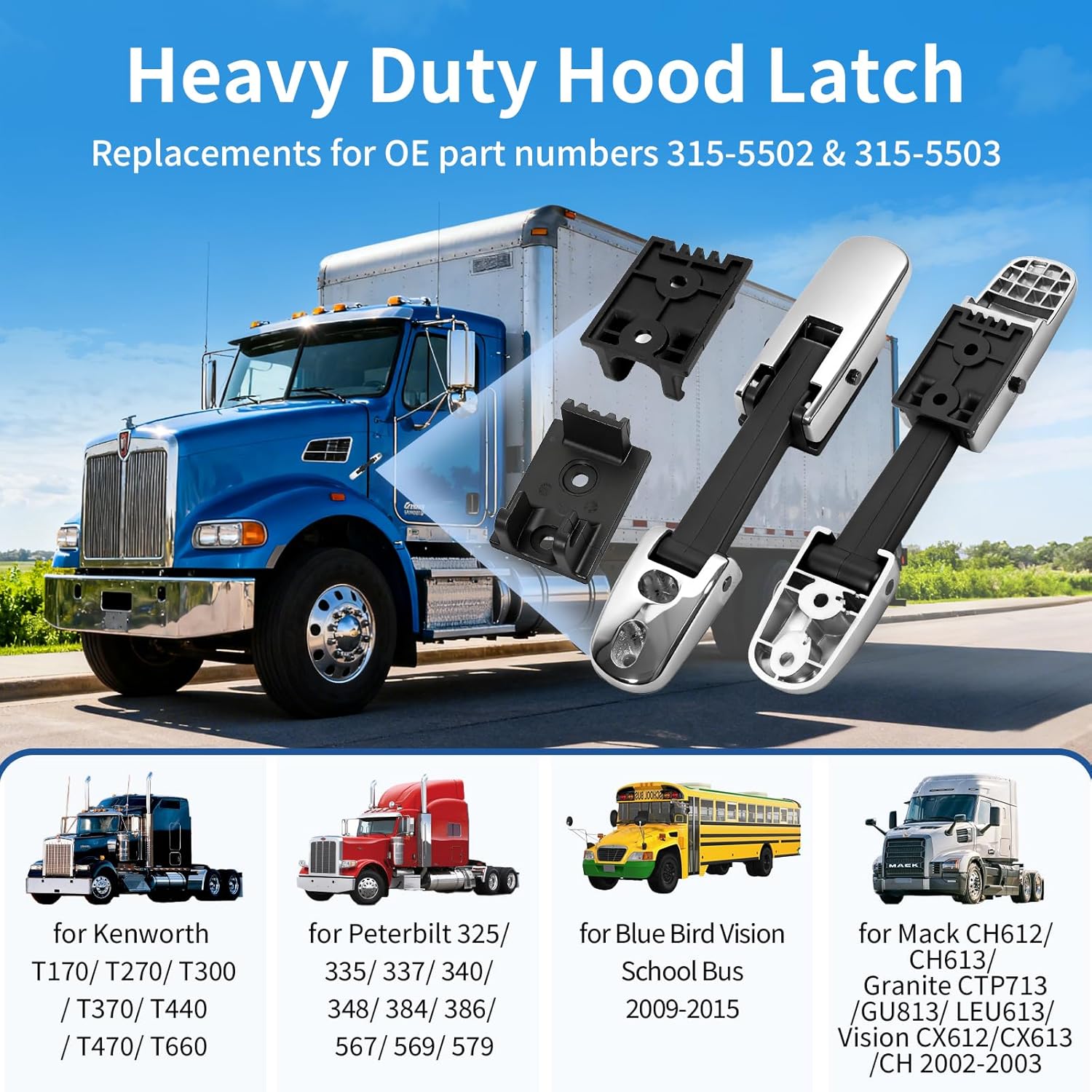 Peterbilt Hood Latch Kit L+R – Chrome (325–579 Series) - RoadWest Truck Parts - B0FT3JCR37 - High Soar