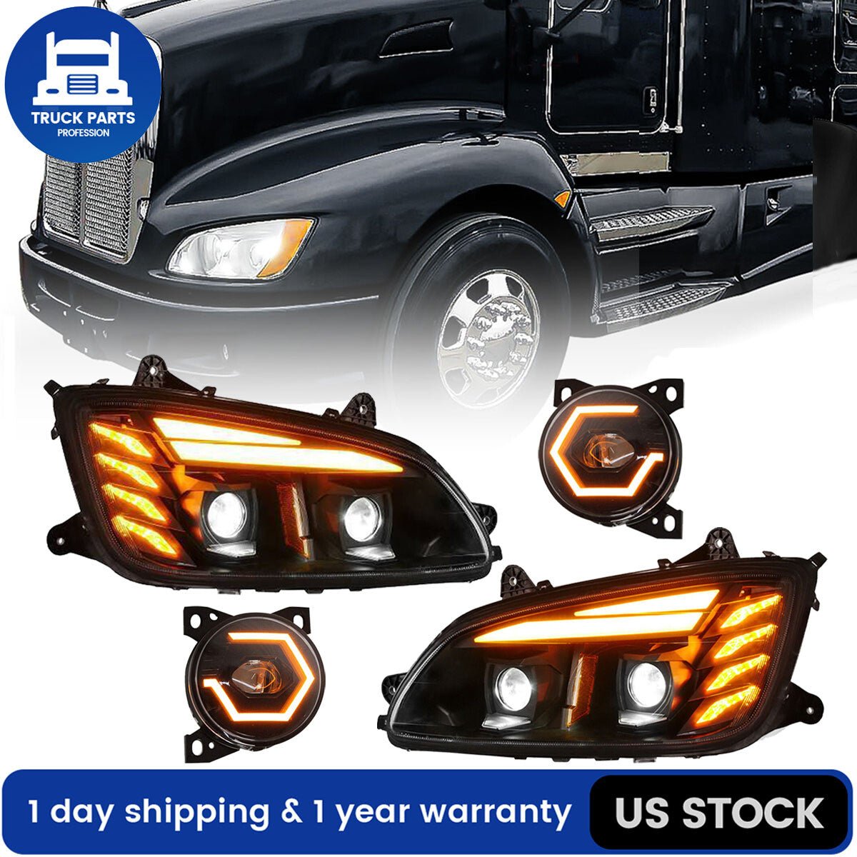 4PCS Full LED Headlights Headlamps & LED Fog Lights For 2008-2015 Kenworth T660