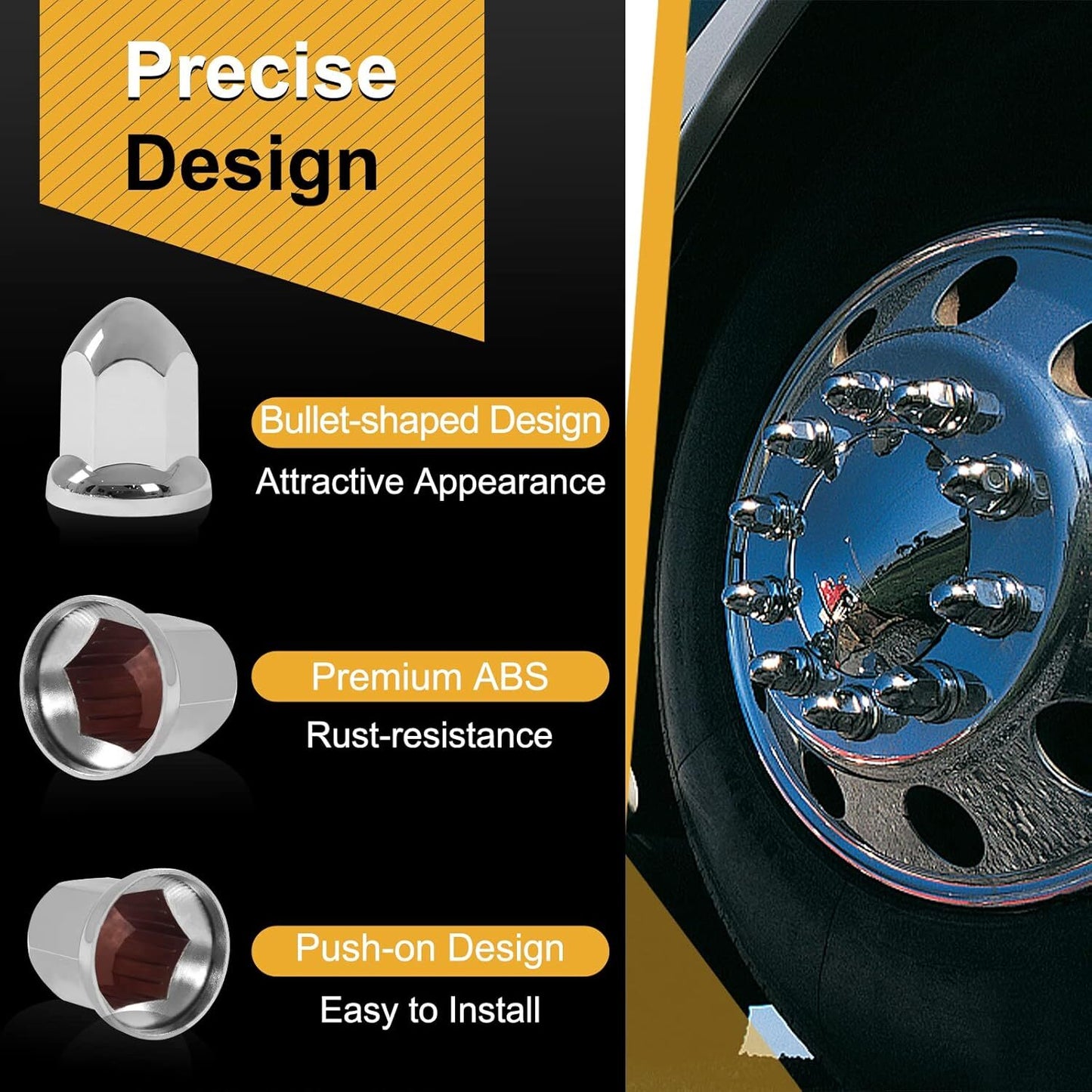 20PCS Chrome Wheel Lug Nut Covers 33mm Push On Bullet for Semi Truck 2-1/2" Tall