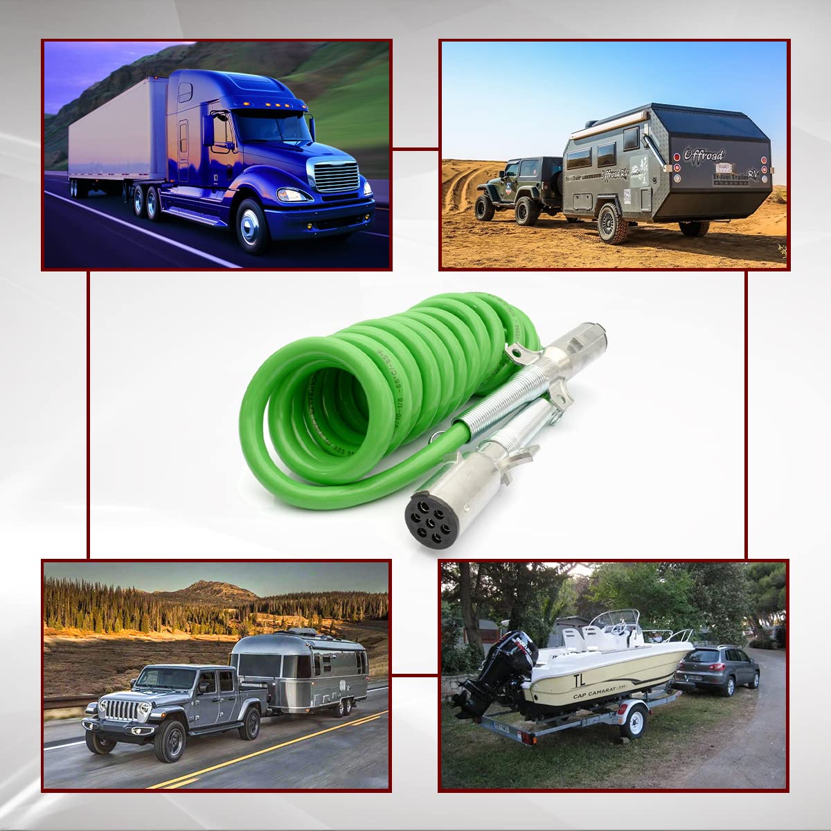 Semi Truck 7 - Way ABS Coiled Cable – 12 ft (Green Jacket) - RoadWest Truck Parts - B0B4ZPPGS8 - High Soar