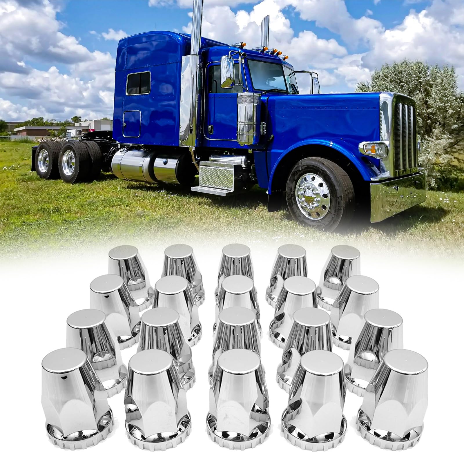 Semi Truck Lug Nut Covers – 33mm Chrome Bullet Style (20pcs Set) - RoadWest Truck Parts - B0CQN698WL - RoadWest Truck Parts