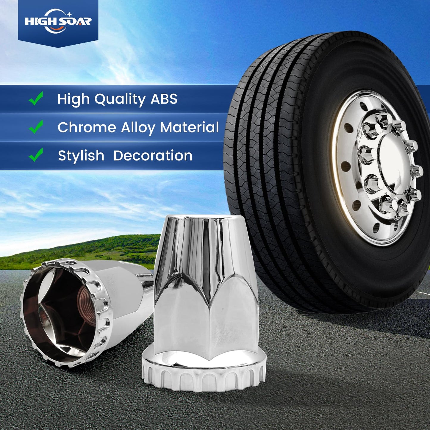 Semi Truck Lug Nut Covers – 33mm Chrome Bullet Style (20pcs Set) - RoadWest Truck Parts - B0CQN6Q2ZR - RoadWest Truck Parts