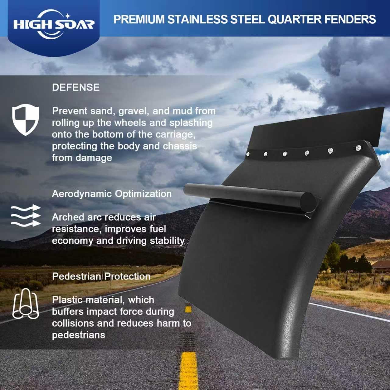 Semi Truck Quarter Fender Kit 24"×24" – Black Poly w/ Mounting Hardware - RoadWest Truck Parts - MZ-U322-02B - High Soar