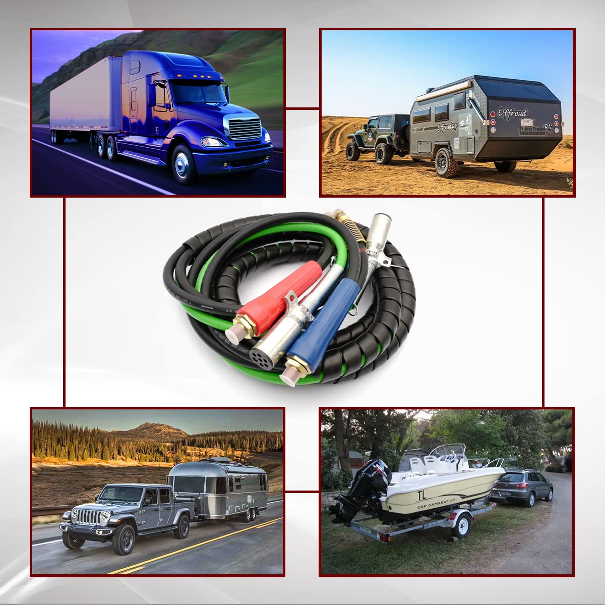 Tractor Trailer 3 - in - 1 Air Line Hose Kit – ABS 7 - Way Power Cable + Dual Air Hoses (12/15 ft) - RoadWest Truck Parts - MZ-U309-02 - High Soar