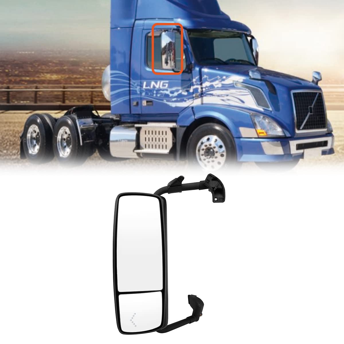 Volvo VNL Door Mirror Assembly – Chrome Heated Power w/ LED Turn Signal (2004–2017) - RoadWest Truck Parts - MZ-7201B-R - High Soar