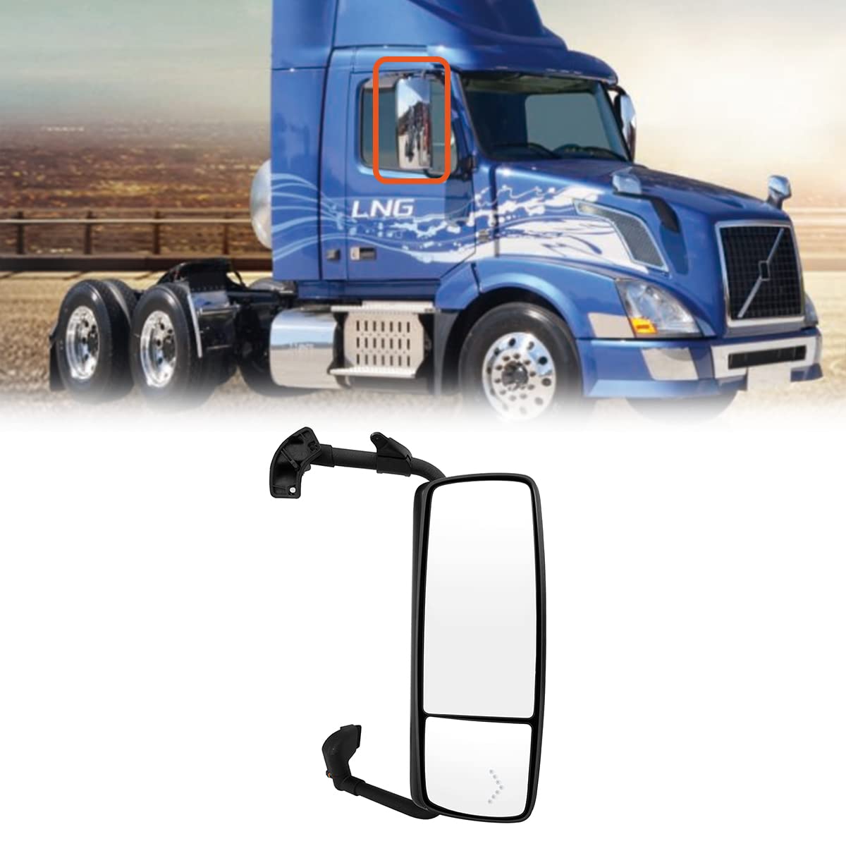 Volvo VNL Door Mirror Assembly – Chrome Heated Power w/ LED Turn Signal (2004–2017) - RoadWest Truck Parts - MZ-7201B-R - High Soar